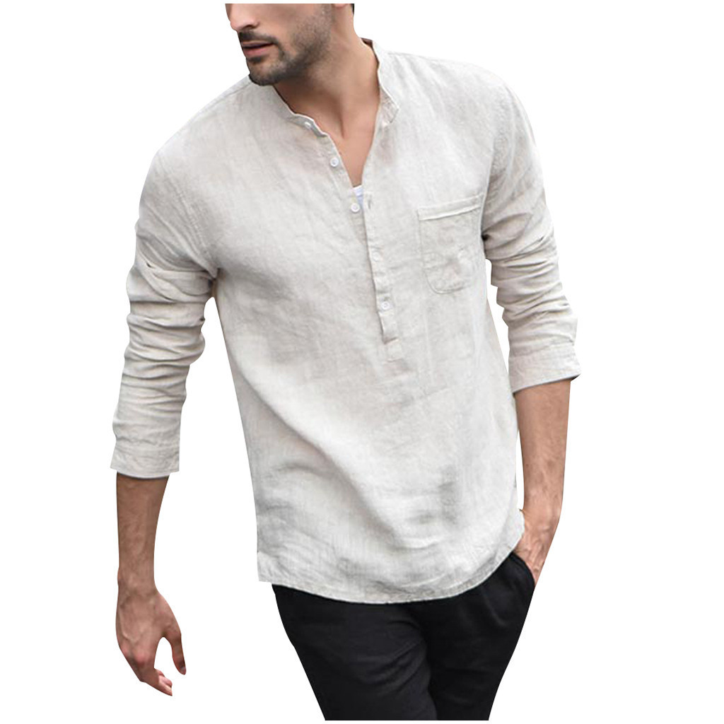 Men Vintage White Shirt Button Linen Shirts - Soogy