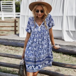 Women’s Summer Boho Print V Neck Dress