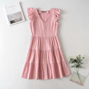 V-neck Small Flying Sleeve Button All-match Dress High Waist Slim Skirt