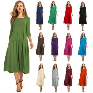 Crew Neck Sleeve Solid Color Swing Dress