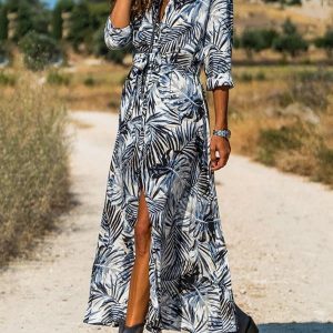 Printed V-neck Tie-waist Long-sleeved Chiffon Shirt Dress