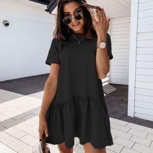 Pullover Loose Round Neck Ruffled Large Hem Dress