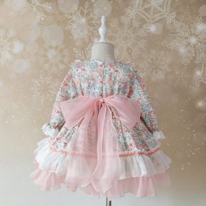 Original Custom Children’s Long-sleeved Princess Dress With Fluffy Yarn And Small Floral