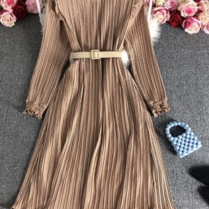 Small Stand Collar Fitted Pleated Chiffon Dress