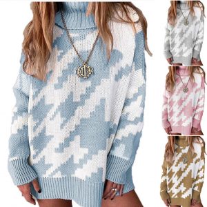 Women’s Stitching Contrast Color Lapel Mid-length Sweater