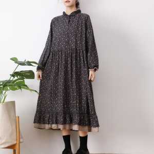 Loose Large Size Long Sleeve Long Skirt Stand Collar Pullover Cotton Linen Dress