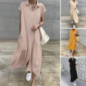 Cotton And Linen Casual Retro Loose Mid-length Over-the-knee Irregular Ruffled Dress