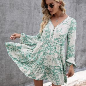 Loose Casual Floral Lace Stitching Sleeves Long Sleeve V-neck Printing