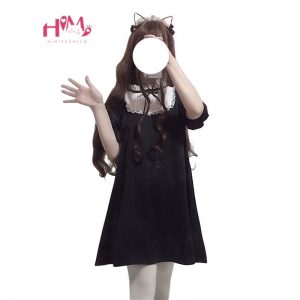 Cute Fashion Black Dress For Women Bow Lace Gothic Style Loose Stand Collar Girls Lolita Mini Dress