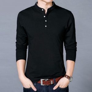 T-Shirt Men Spring Autumn New Cotton T Shirt Men Solid Color Chinese Style Mandarin Collar Long Sleeve Top Tee