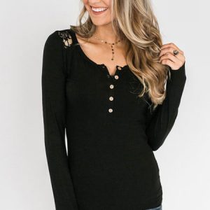 Women’s Autumn And Winter V-Neck Lace Stitching Bottoming Shirt Long Sleeved Button Slim T-Shirt