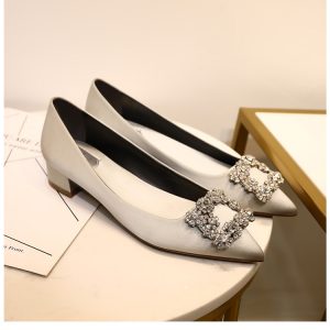 Pointed Toe Mid Heel Rhinestone Square Buckle Pumps Women’s Chunky Heel