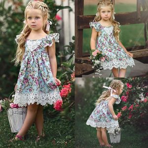 Girls’ European And American Summer Flying Sleeve Off-shoulder Broken Flowers Print Lace Dress Children’s Clothing Ins