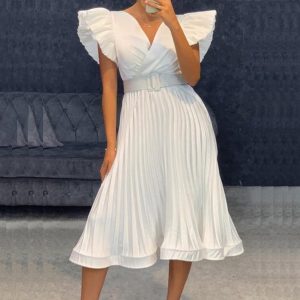 V-neck Pleated Cross-border Dress With Flying Sleeves