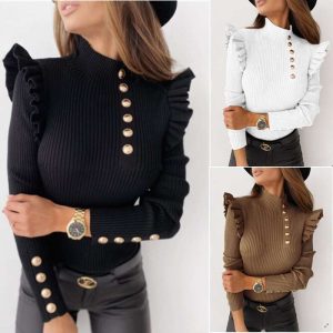 Fall/winter ruffled long-sleeved button blouse bottoming shirt women