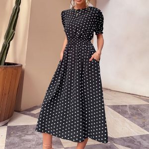 New European And American Style Midi Skirt Temperament Retro Women’s Black Polka Dot Slim Dress