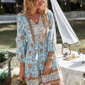 Boho Print Button V-Neck Long Sleeve Fringe Dress