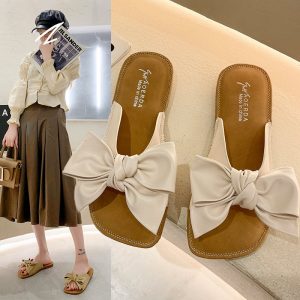 Outer Wear Women’s Soft Bottom One Word Bow Slippers