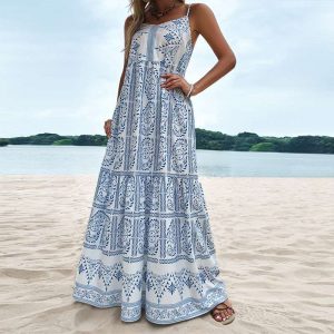 Summer New Blue Print Bohemian Style Sling Large Swing High Waist Loose Women’s Dress