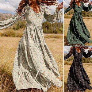 Casual Temperament Women’s Chiffon Pullover V-Neck Large Swing Dress