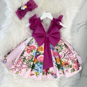 European And American Children’s Dress Skirt Printing V-back Bow