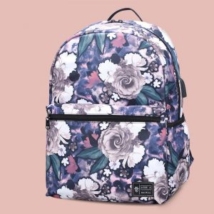 School bag two piece backpack peony print large capacity floral school bag USB backpack