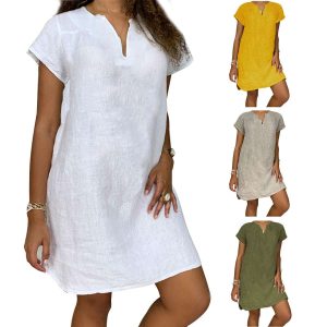 Summer Loose Solid Color Short-sleeved Collar Cotton And Linen Pullover Dress Women’s Clothing