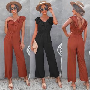 Women’s Solid Color Open Back Jumpsuit Summer Ruffle High Waist Jumpsuits