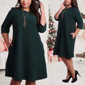Solid Color Round Neck Sleeves Plus Size Dress
