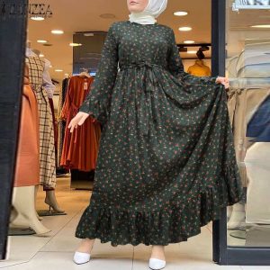 Abaya Hijab Dress Vintage Floral Printed Maxi Dress Women