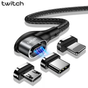 Twitch 90 Degree Magnetic Cable Micro USB Type C Charging Cable For iphone Samsung 3A Fast Magnet Charger Data Cable USB C Cord