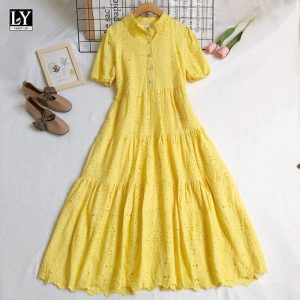 LY VAREY LIN New Summer Women Casual High Waist Single Breasted Vintage Dress Sweet Turn-down Collar Hollow Out Embroidery Dress