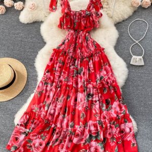Chiffon Beach Dress Women Elegant Floral Printed Boho Long Dresses Summer Bandage High Waisted Ruffles A Line Party Long Robe