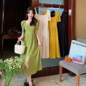 Plus Size Slim Fit Slit Elegant Waist Dress Summer Autumn Women Solid Color Pleated Square Neck Short Sleeve Midi Dresses Casual