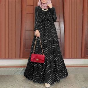 Women Polka Dot Long Sleeve Dress Stylish Belts Party Robe Loose Maxi Dress