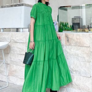[EAM] Women Green Pleated Long Big Size Cake Dress New Stand Collar Short Sleeve Loose Fit Fashion Spring Summer 2022 1DE6445