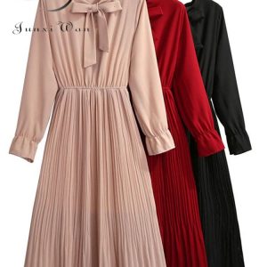 Casual Women Dress Chiffon Elegant Vintage Bow Collar Long Sleeve Autumn Winter Midi Shirt Dresses 2022 Solid Slim Clothes Robe