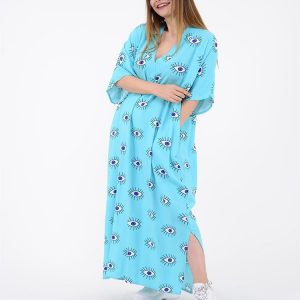 Turkish Evil Eye Bead Pattern V Neck Half Sleeve Long Viscose Dress 2022 New Season Women’s Clothing Fashion