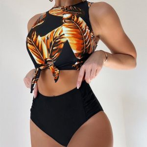 Leaf Print Bikini Women’s High Waist Tank Top Split Swimsuit