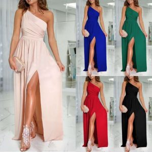 Solid Color One Shoulder Hollow-out Halter High Waist Slit Maxi Dress Women’s Clothing